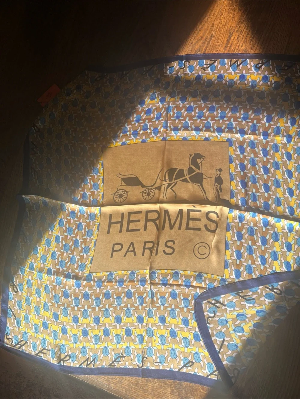 Hermès Yellow, Blue Scarf with Carriage Motif turtles 100% silk w/box bag tags